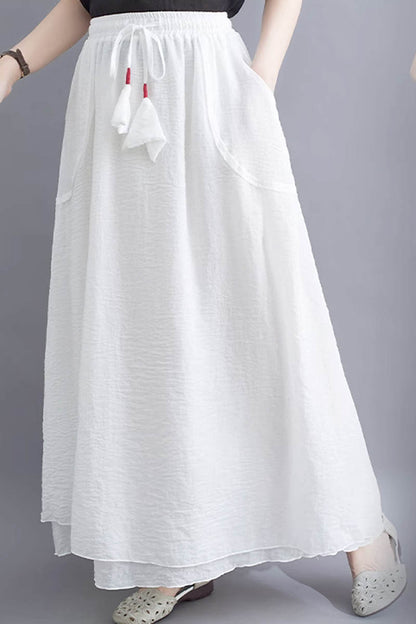 Light Blue Linen Maxi Skirt - Drawstring Waist with Pockets 4343