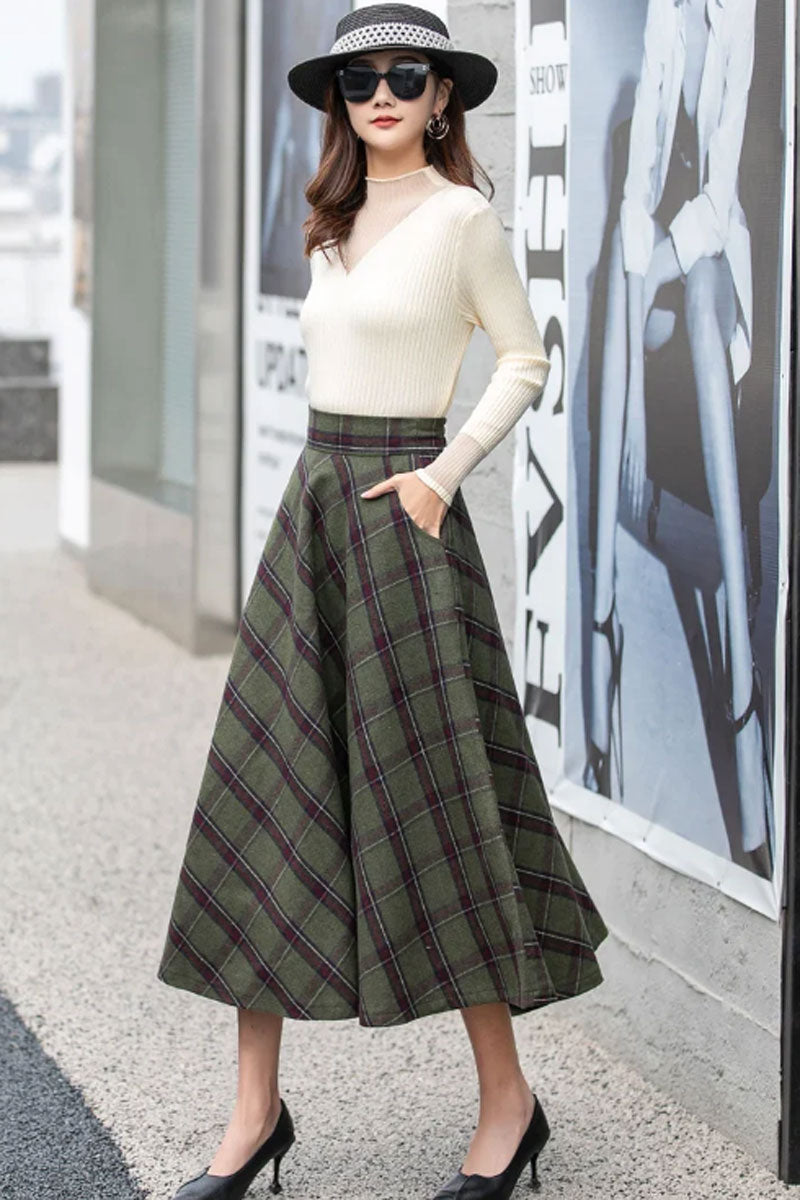 Long Plaid Skirt, A-Line Wool Skirt 4165