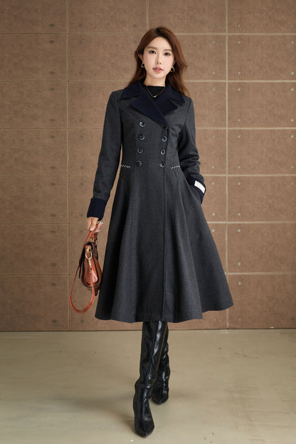 Charcoal Wool Fit and Flare Coat - Elegant Lapel Collar 5366