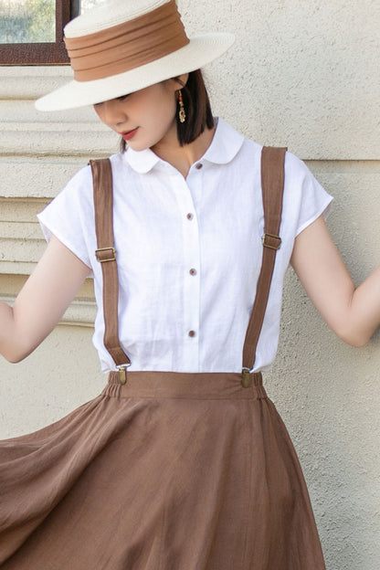 White Linen Shirt Top - Loose Fit, Lapel Collar 4921