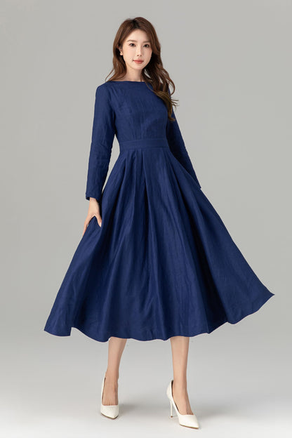 Navy Linen Midi Dress – Long Sleeve Fit and Flare Dress with Pockets 4925
