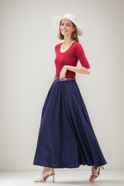 Navy a line Linen Maxi Skirt with Pockets  2778