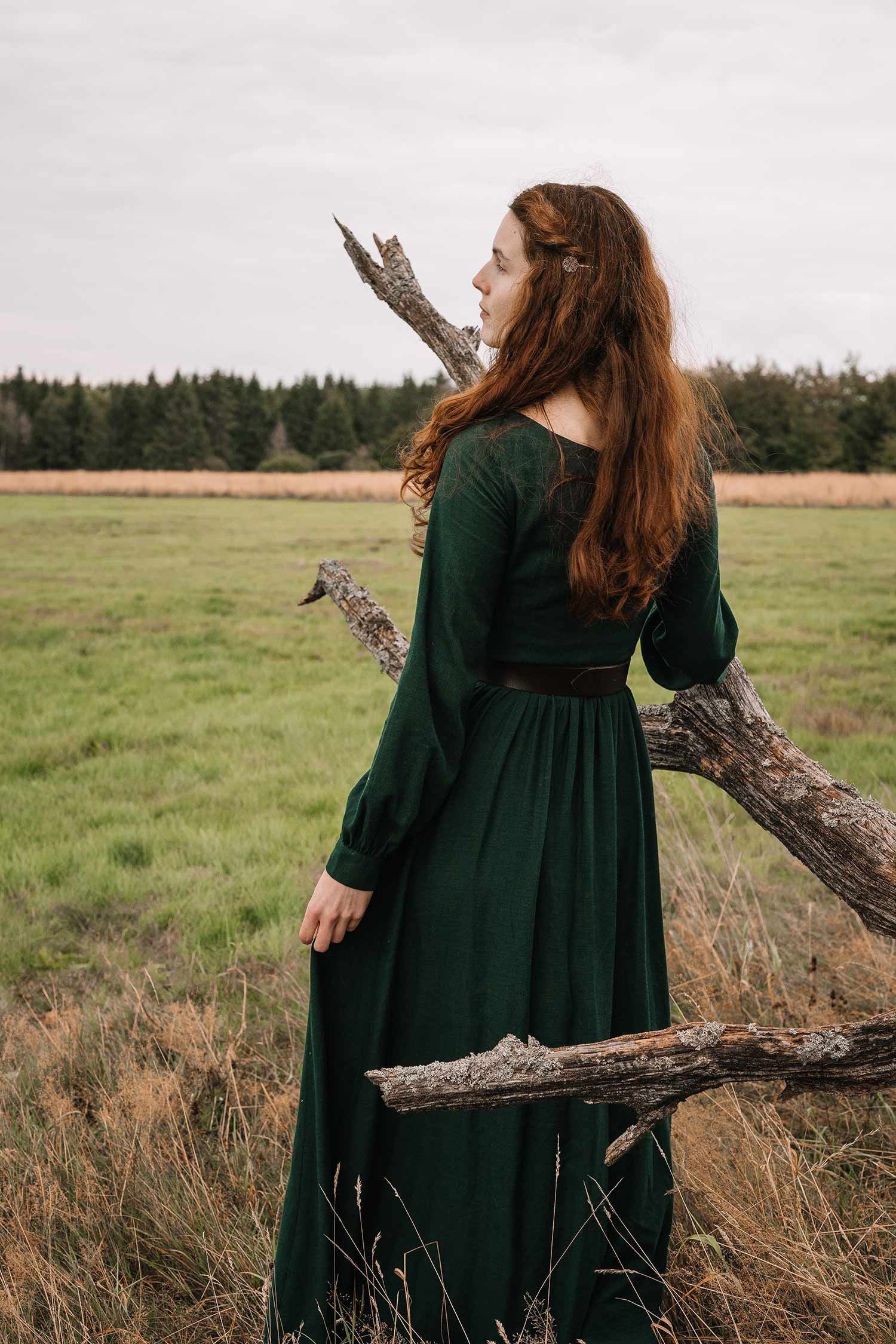 Dark Green Linen Cotton Maxi Dress Vintage Long Sleeve Boat Neck 1454 Emerald Green / XS Dark Green Linen Cotton Maxi Dress Vintage Long Sleeve Boat Neck 1454 Emerald Green / XS