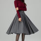 Grey Wool Midi Skirt – Handmade High Waist Vintage Pleated Skater Skirt 6398
