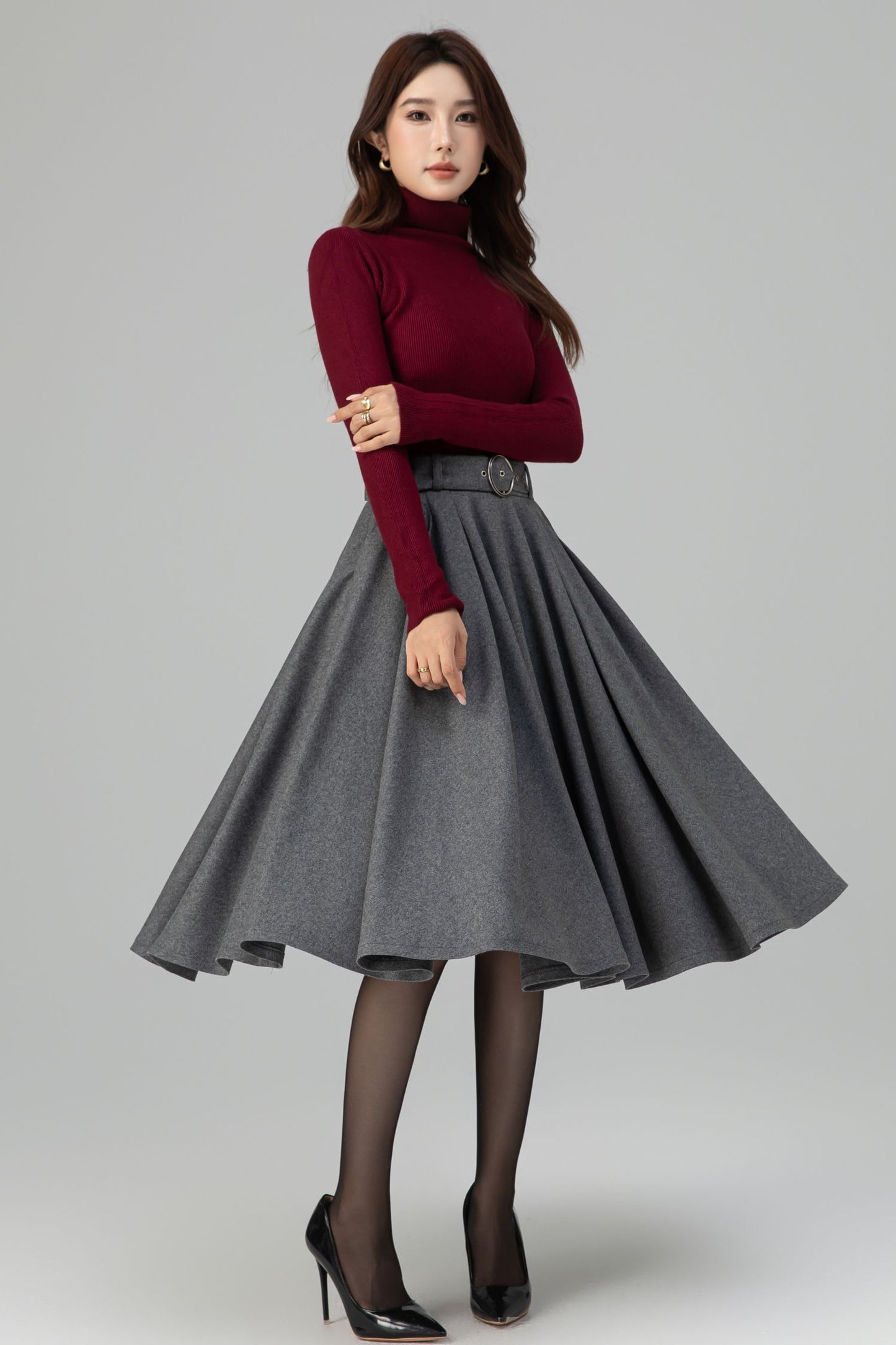 Grey Wool Midi Skirt – Handmade High Waist Vintage Pleated Skater Skirt 6398
