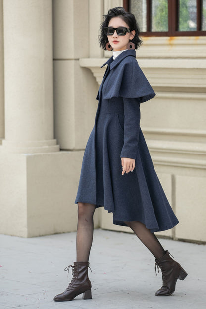Navy Blue Wool Coat – Vintage Winter Cape Overcoat with High-Low Hem 5352