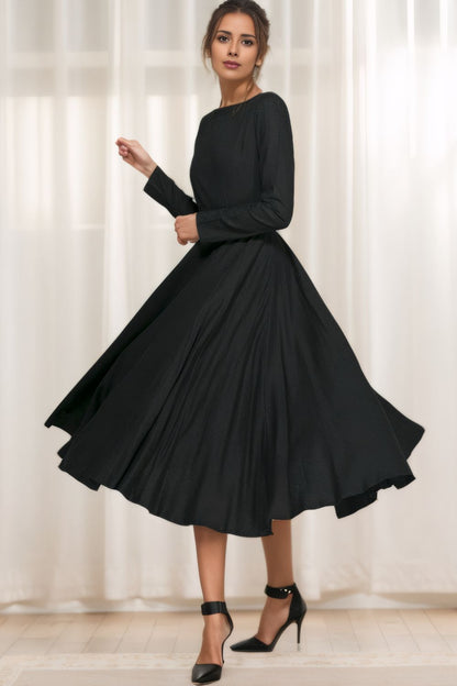 Classic Black Linen Midi Dress 5601