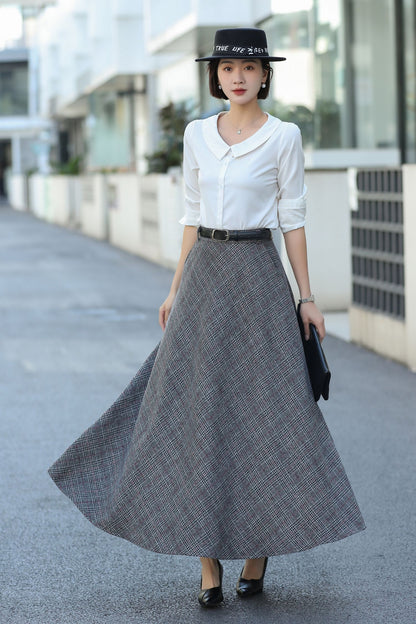 Gray Plaid Wool Maxi Skirt – Vintage High Waist Winter Skirt with Pockets 3106