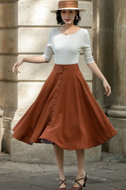 Handmade Linen Midi Skirt – Rust Brown Button Front Swing Skirt | Xiaolizi 5689
