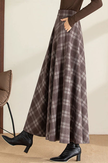 Plaid Wool Maxi Skirt - High Waist A-Line | Xiaolizi 6201