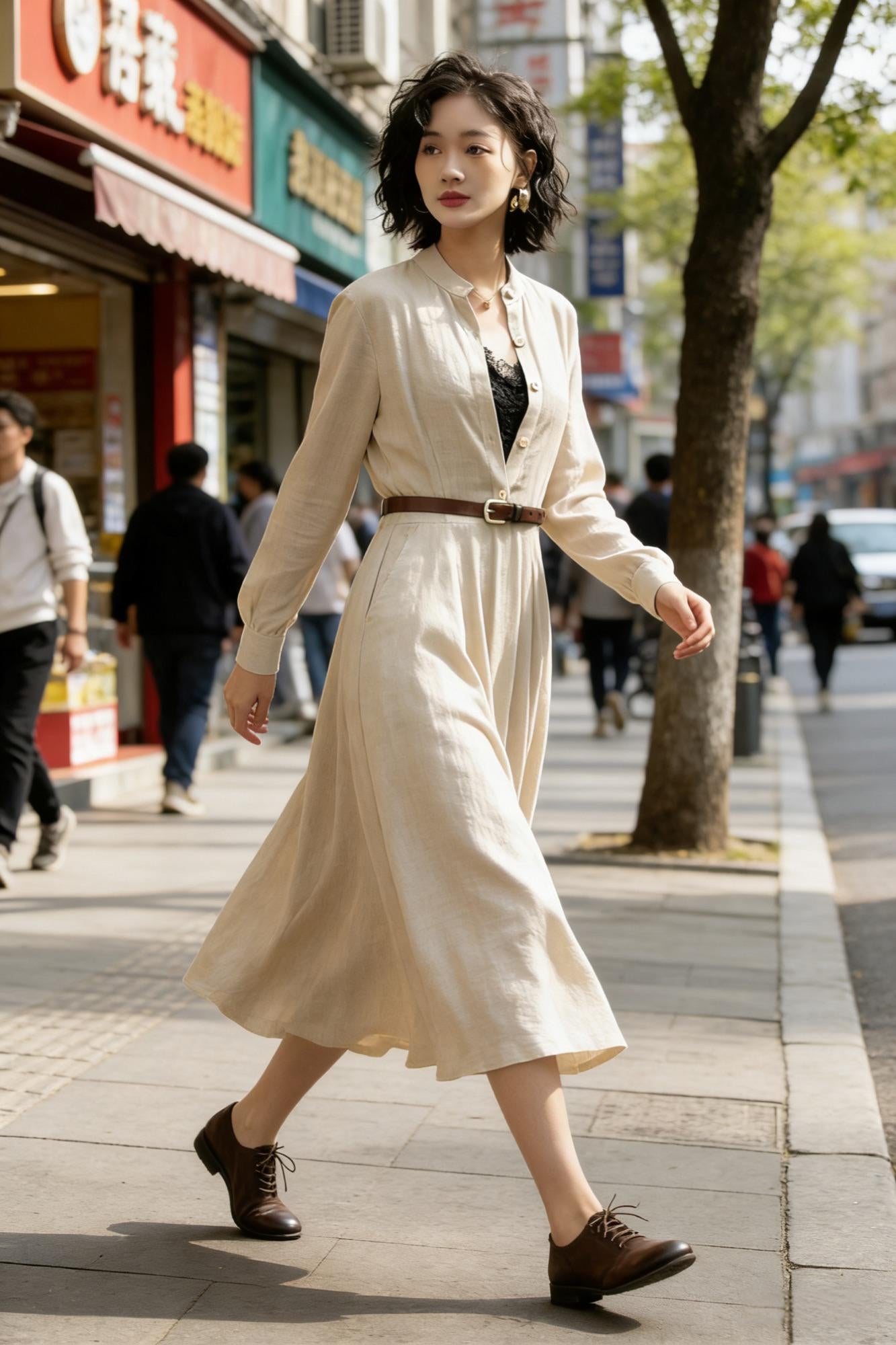 Beige Linen Cotton Midi Dress - Button Front Swing | Xiaolizi 6773