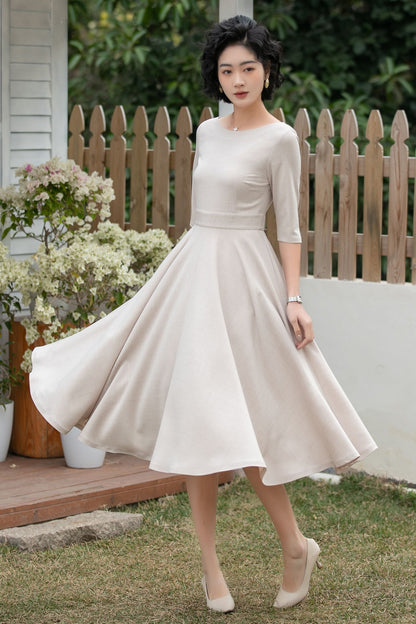 Beige Linen Midi Dress – Handmade Vintage A-Line Fit & Flare Dress with Pockets | Xiaolizi 6700 -Size XS #CK2600184