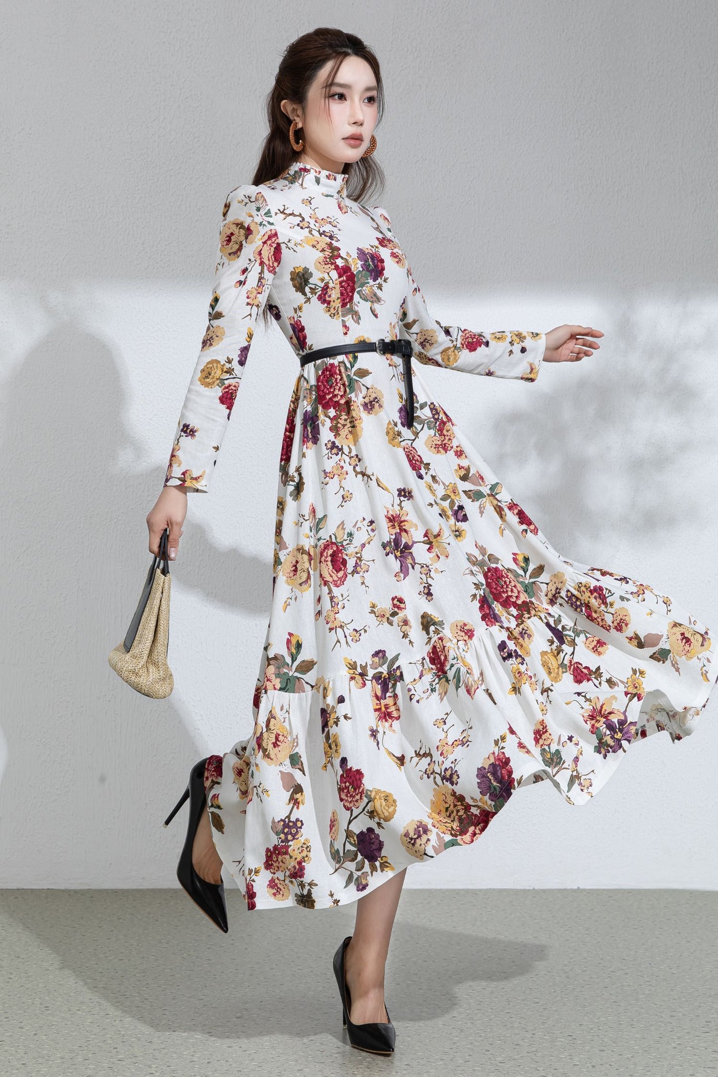 Floral Cotton Linen Maxi Dress: Ruffle High Neck Long Sleeve Dress 6713