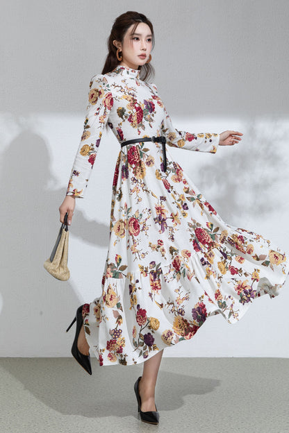 Floral Cotton Linen Maxi Dress: Ruffle High Neck Long Sleeve Dress 6713