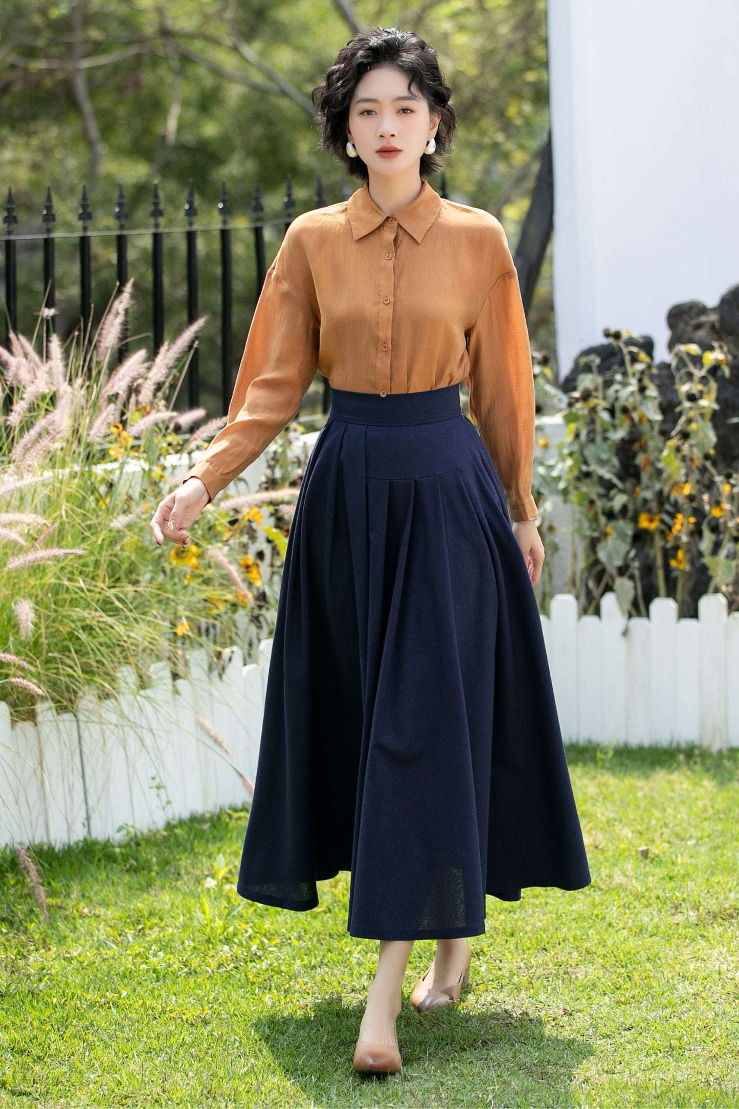 Deep Navy Linen Cotton Midi Skirt High Waist | Xiaolizi 6736- Size XS #CK2600283