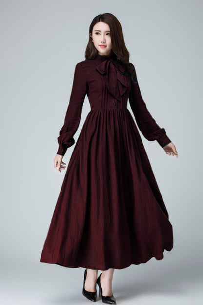Burgundy Linen Maxi Dress – Vintage Long Sleeve Elegant Dress 6676