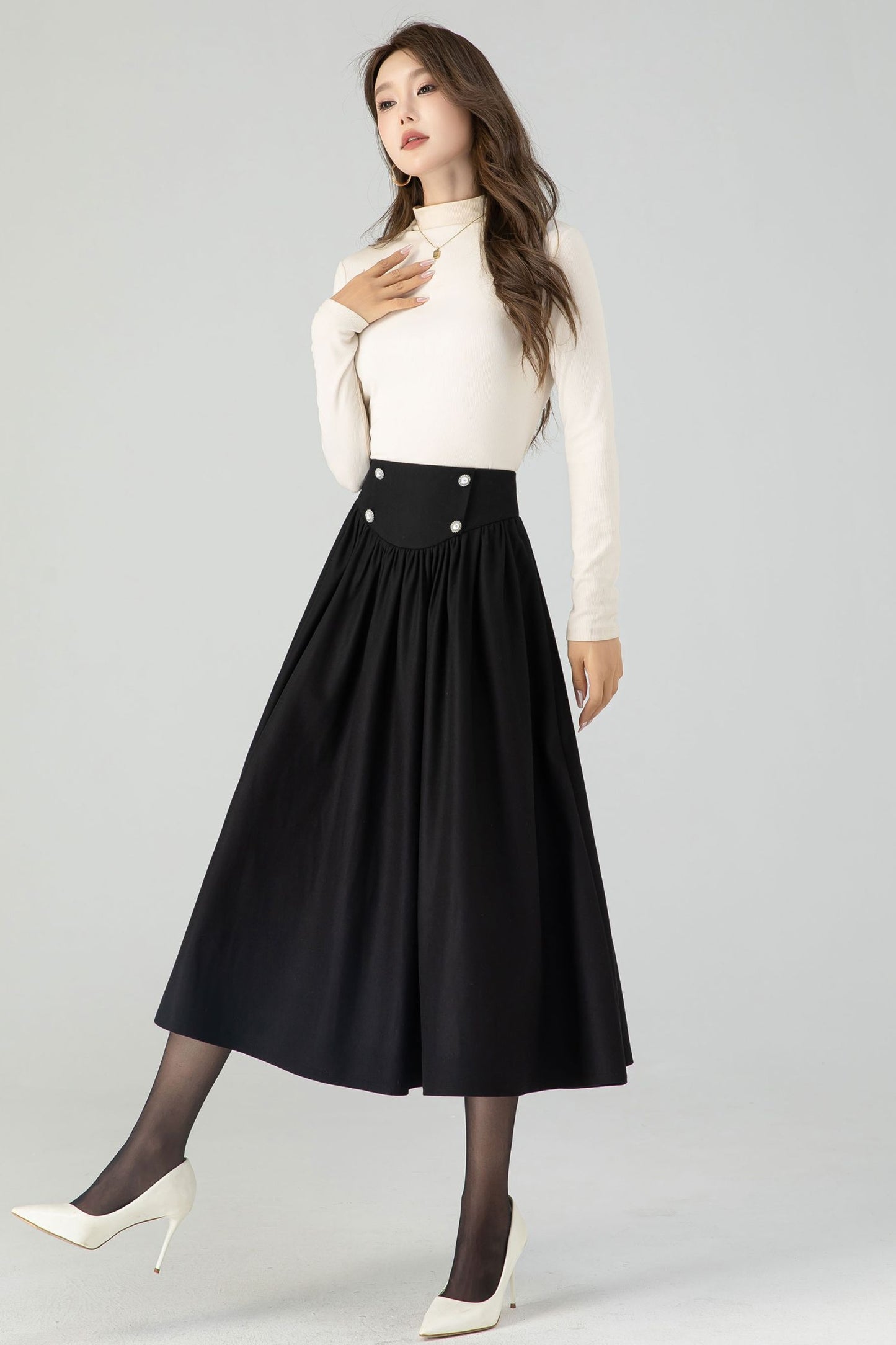 High waisted winter swing wool skirt women 4556