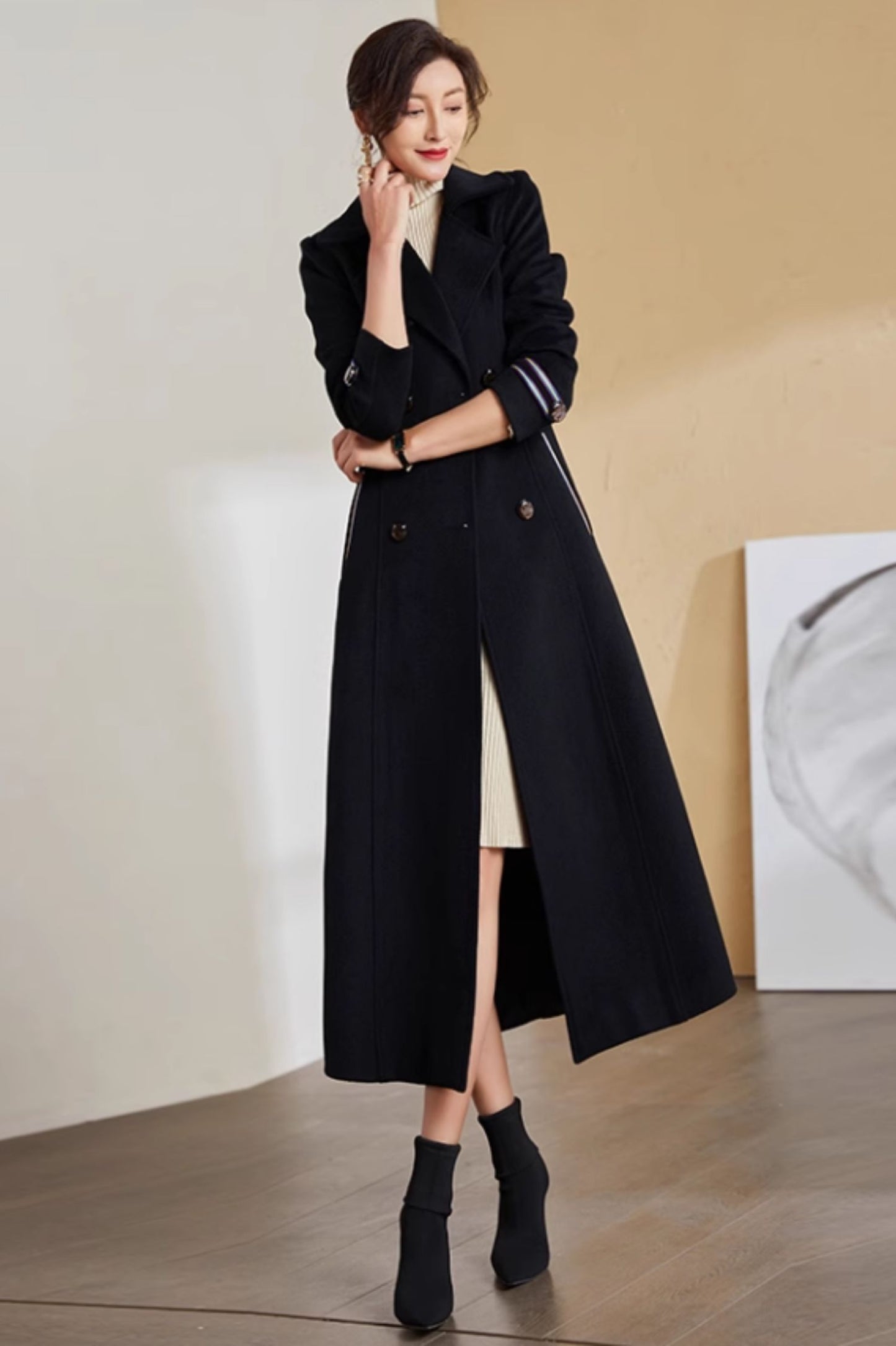 Black long wool warm winter coat 5283