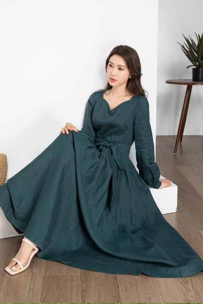 Teal Linen Maxi Dress - A-Line Silhouette with Waist Tie 5639