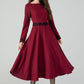 Burgundy midi winter wool dress with lace details 4544