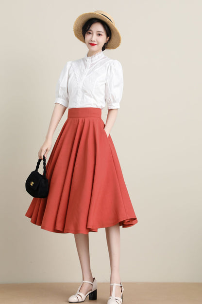 Orange Cotton Midi Skirt - High Waist Retro Circle Swing | Xiaolizi 3312