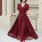 Burgundy midi fit and flare prom chiffon dress 5222