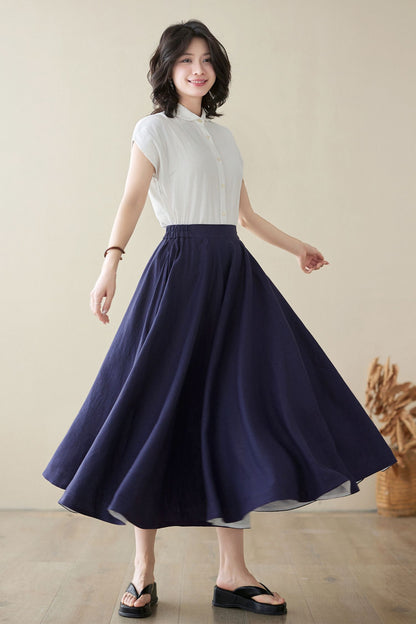 A line navy blue swing midi linen skirt 4971 -Size XS #CK2400195