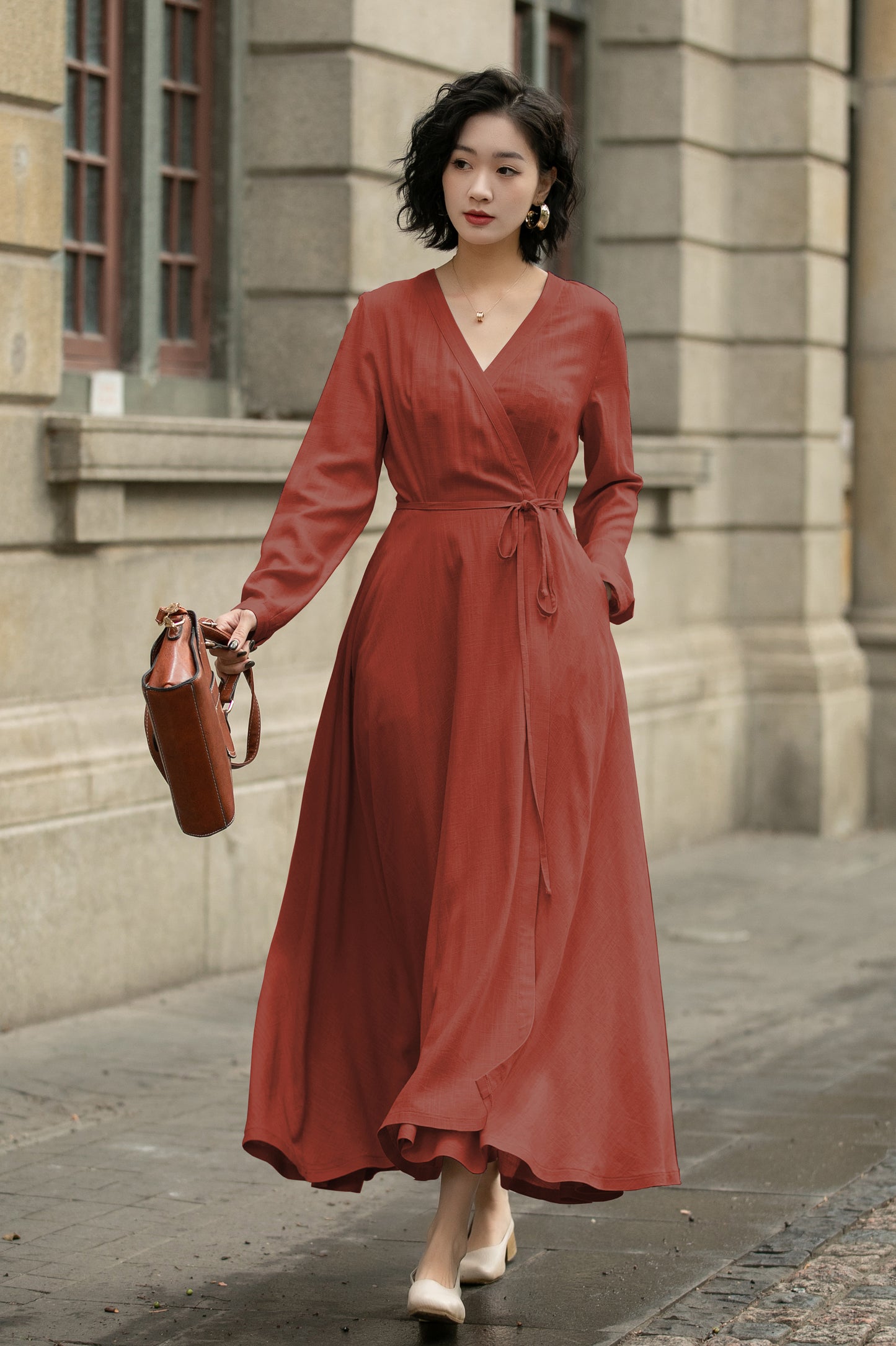 Handmade Linen Cotton Wrap Midi Dress – Vintage Elegant V-Neck Swing Dress 6299