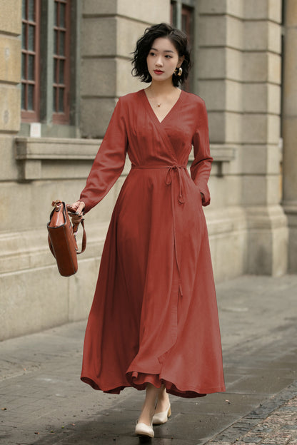 Handmade Linen Cotton Wrap Midi Dress – Vintage Elegant V-Neck Swing Dress 6299