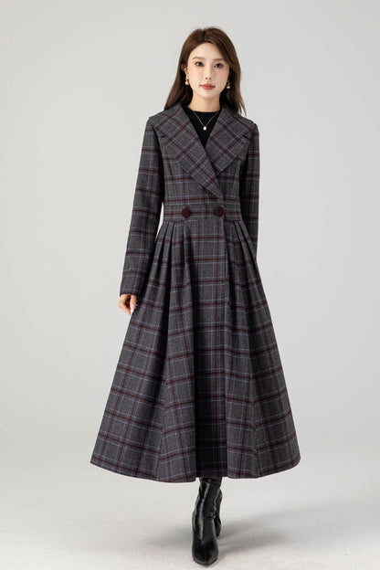 Handmade Plaid Wool Coat – Vintage Fit & Flare Double-Breasted Winter Overcoat | Xiaolizi 4607