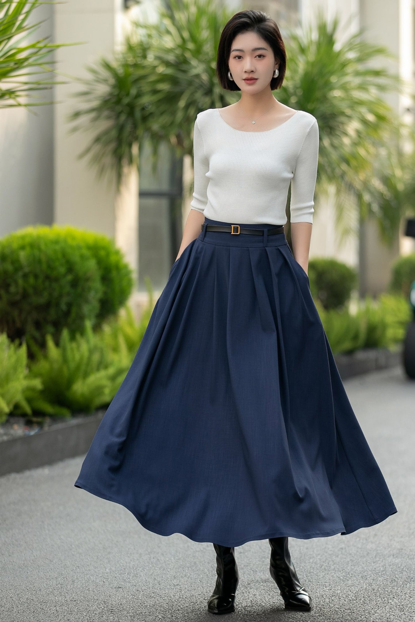 Navy Pleated Maxi Skirt – High Waist A-Line Work Skirt with Pockets 6663 -Size xs #CK2600017