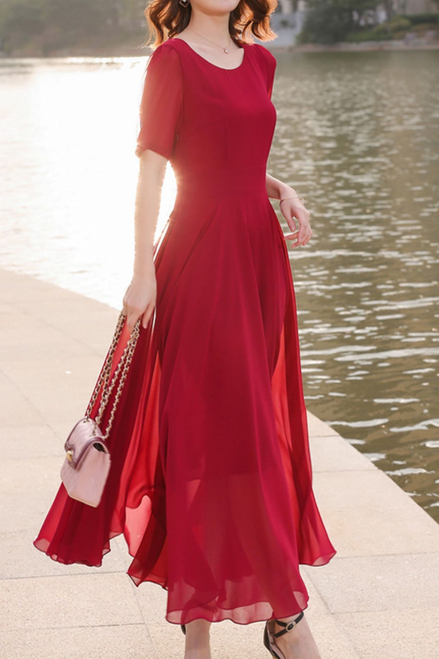 Prom fit and flare red chiffon dress HY0032