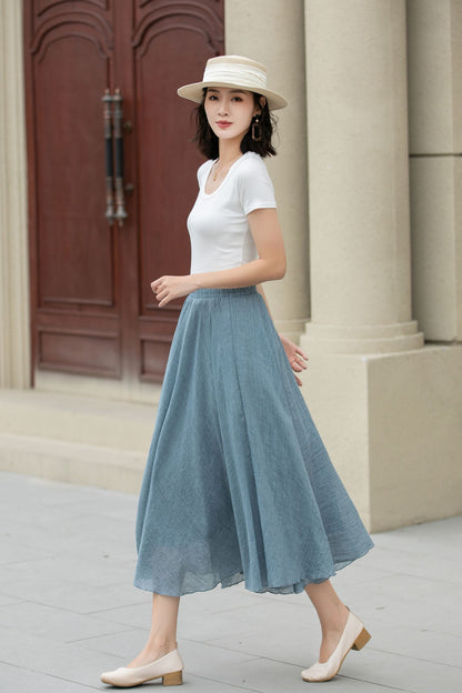 Blue Linen Cotton Midi Skirt - A-Line Swing | Xiaolizi 5150