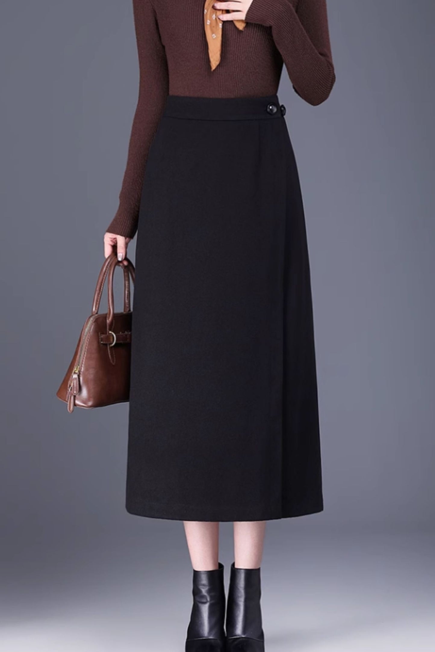 Brown Wool Wrap Midi Skirt - Adjustable Fit, Winter Warmth 6139