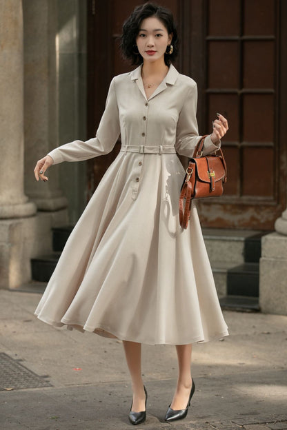 Beige Linen Cotton Midi Shirt Dress - Vintage Belted Swing Silhouette 5674
