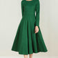 Green Wool Fit & Flare Long Dress Women 2436