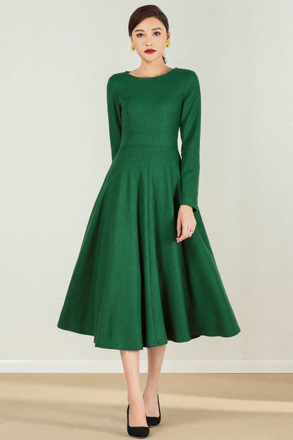 Handmade Emerald Green Wool Midi Dress – Long Sleeve Fit and Flare | Xiaolizi 2436