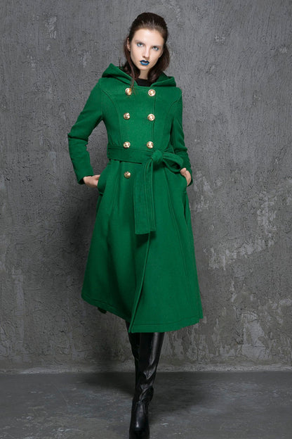 Army Green Wool Coat - Double-Breasted A-Line with Hood 1346