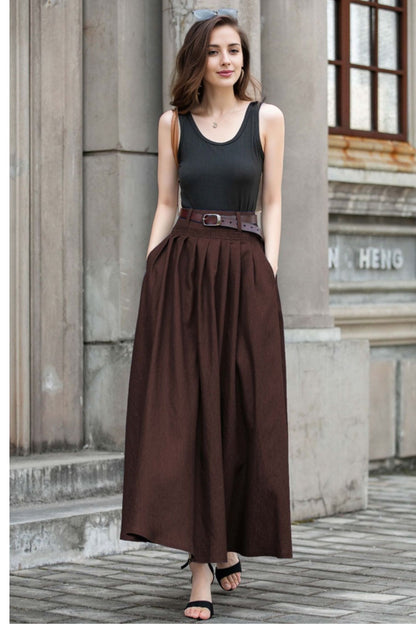 Cotton Pleated Maxi Skirt - Pockets A-Line | Xiaolizi 5780