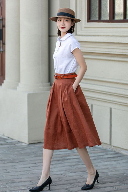 Rust Linen A-Line Midi Skirt - Pleated, Flowy Silhouette 4904