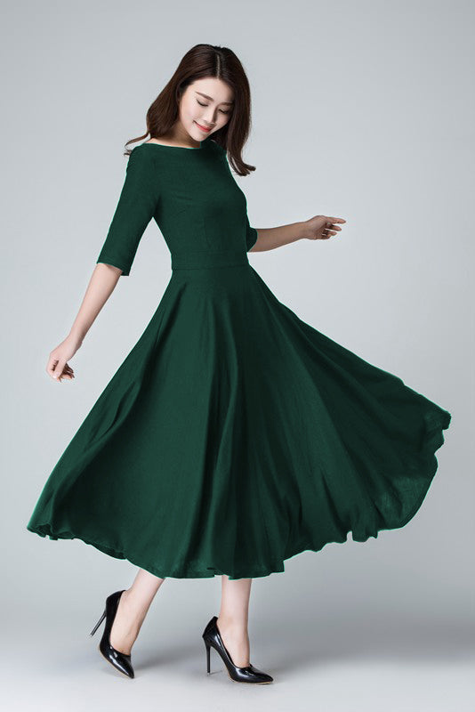 Green Linen Midi Dress with Pockets – Vintage Fit & Flare | Xiaolizi 6282