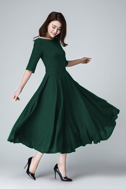 Green Linen Midi Dress with Pockets – Vintage Fit & Flare | Xiaolizi 6282