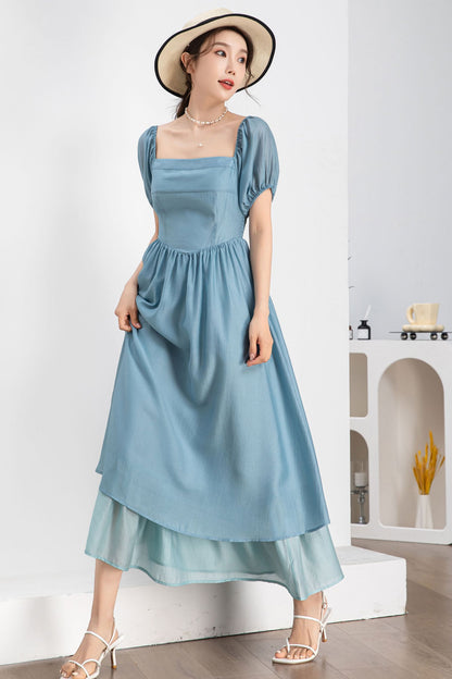 Light Blue Terylene Midi Dress - Square Neckline & Puff Sleeves 4244