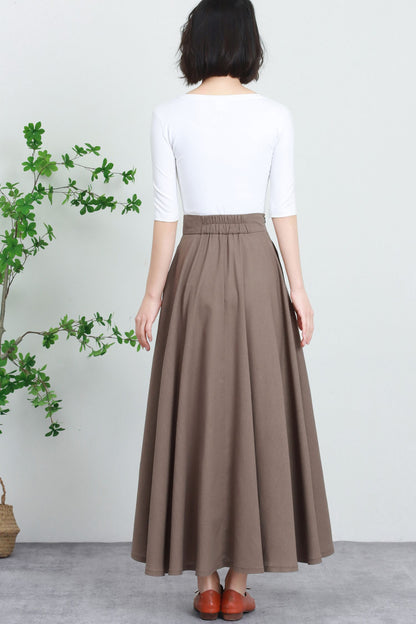 Beige Linen Cotton Maxi Skirt - High Waist Button Front 5731