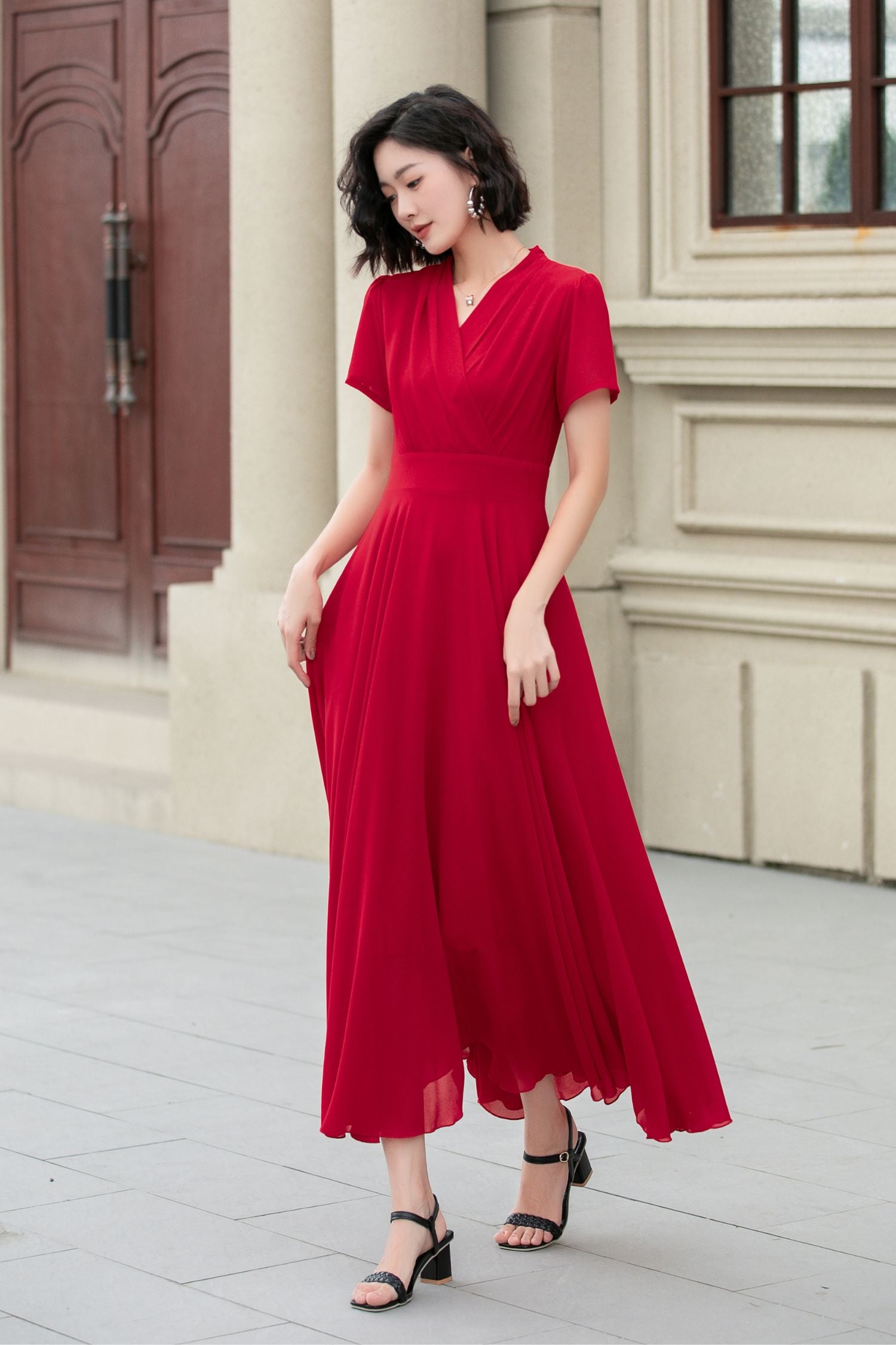 dark red chiffon dress V Neck Red Chiffon Maxi Dress Red / Custom Size