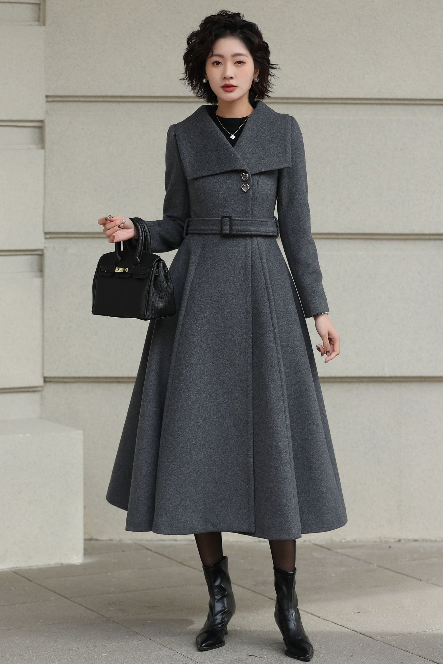 Handmade Vintage Wool Coat – Gray Fit and Flare Belted Midi Winter Coat 6617