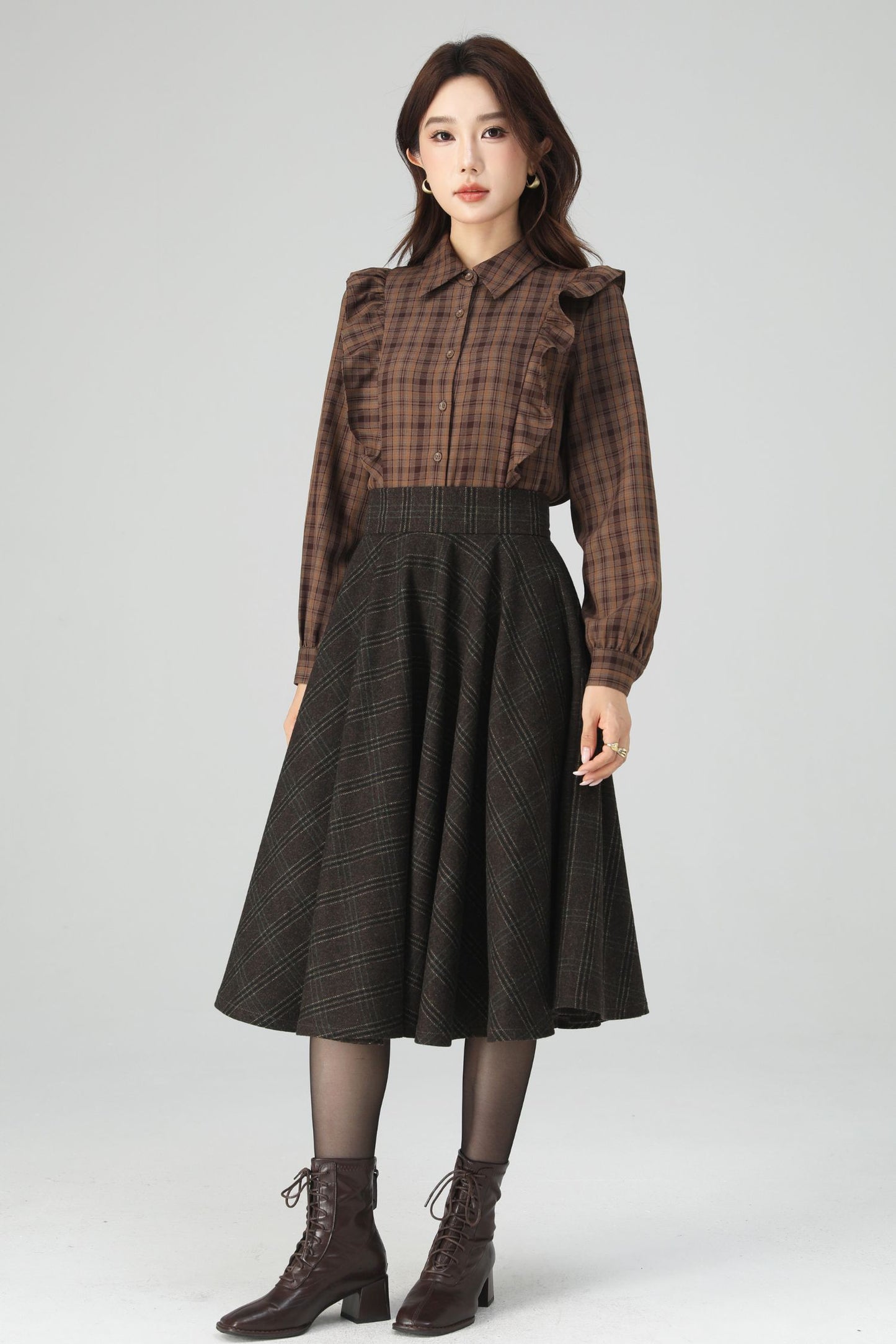 Brown Polyester Plaid Shirt - Relaxed Fit with Scalloped Details 6399