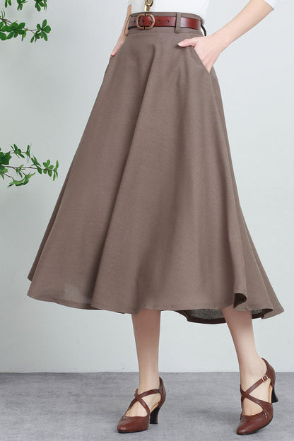 Beige Linen Cotton Midi Skirt - High-Waisted A-Line with Pockets 5740