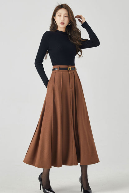 Handmade Wool Pleated Midi Skirt – High Waist Brown Winter Skirt | Xiaolizi 5250