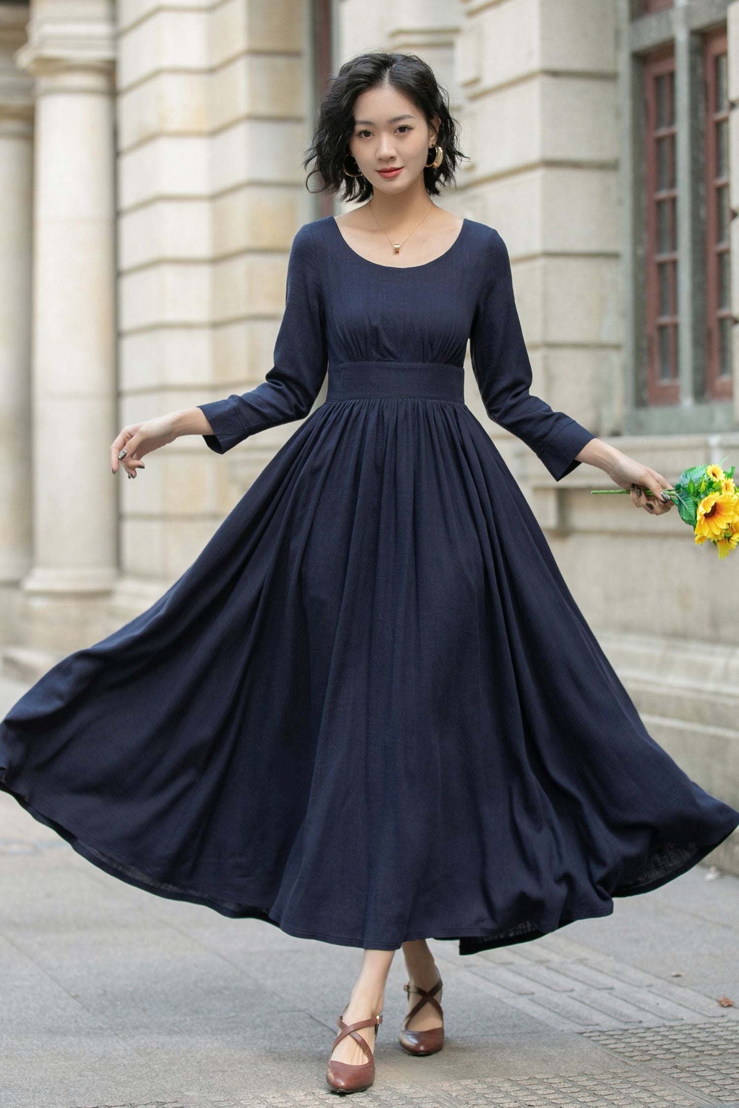 navy maxi dress with sleeves Navy Blue Linen Cotton Maxi Dress with Pleated Waist and Relaxed Fit – Xiaolizi